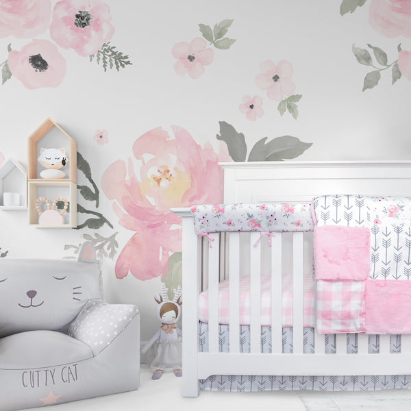 Crib Bedding Set - Pink Plaid and Floral Collection