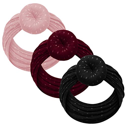 Baby Girl Headbands and bows - Nylon Headband Fits newborn toddler infant girls pom pom (Dusty Pink - Burgundy - Black Dot)