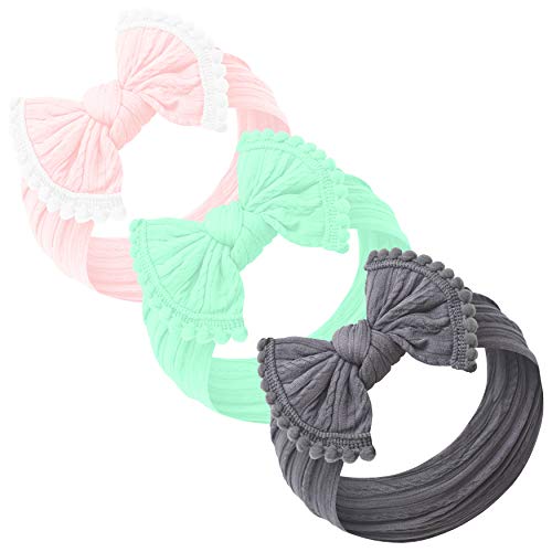 Baby Girl Headbands and bows - Nylon Headband Fits newborn toddler infant girls pom pom
