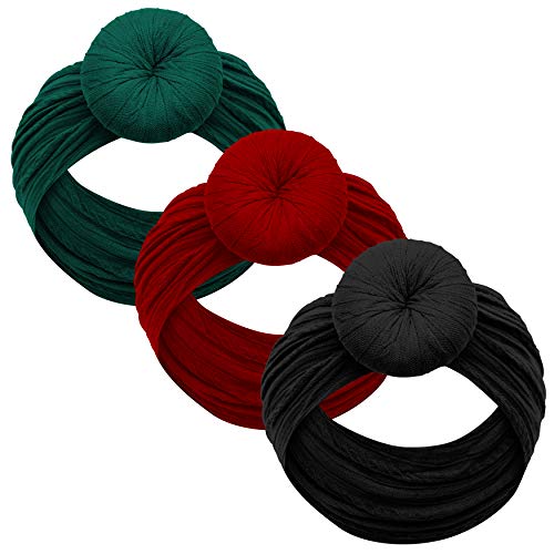 Baby Girl Headbands and bows - Nylon Headband Fits newborn toddler infant girls pom pom (Green - Red - Black)