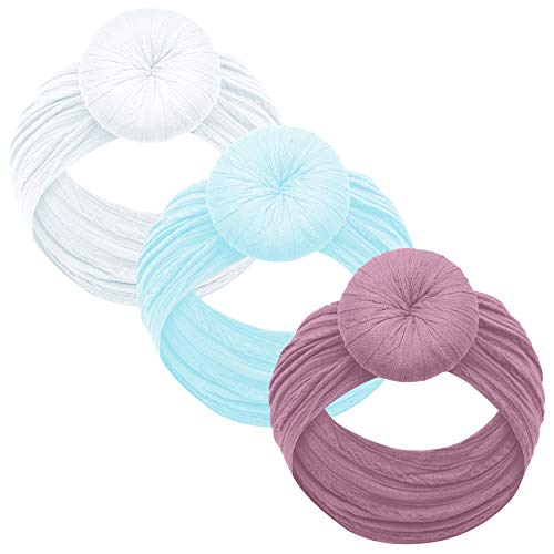 Baby Girl Headbands and bows - Nylon Headband Fits newborn toddler infant girls pom pom (White - Aqua - Lilac)
