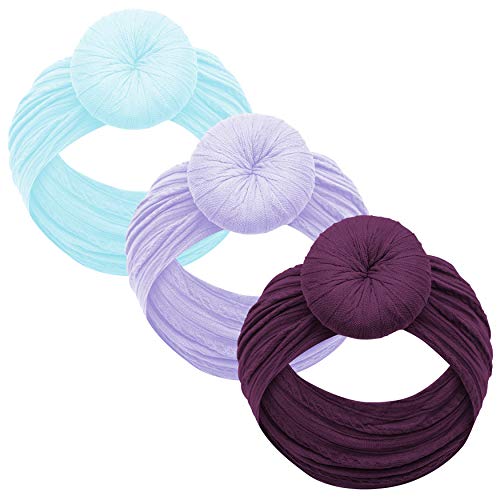 Baby Girl Headbands and bows - Nylon Headband Fits newborn toddler infant girls pom pom (Aqua - Lavender - Plum)