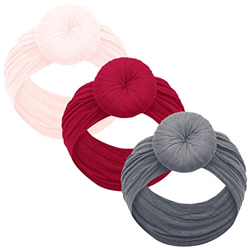 Baby Girl Headbands and bows - Nylon Headband Fits newborn toddler infant girls pom pom (English Rose - Fuchsia - Gray)
