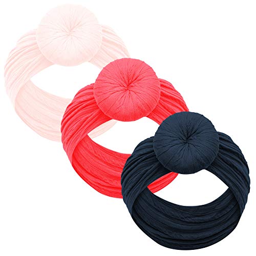 Baby Girl Headbands and bows - Nylon Headband Fits newborn toddler infant girls pom pom (English Rose - Coral - Teal)