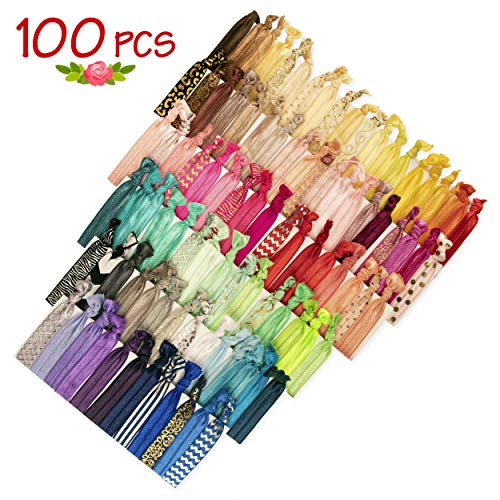 JLIKA Elastic Hair Ties (Set Of 100) Colorful Solids, No Crease Ouchless Ponytail Holders, Ribbon Hairties for Women Girls Teens and Kids