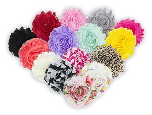 JLIKA (30 pieces) 15 Pairs Shabby Flowers - Chiffon Fabric Roses - 2.5" - Colors as pictured