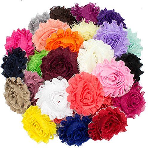 JLIKA 50 pieces Shabby Flowers - Chiffon Fabric Roses - 2.5" - Solids Color Mix - Single Flowers Grab Bag
