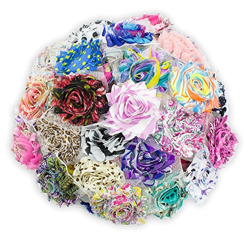 JLIKA (50 pieces) Shabby Flowers - Chiffon Fabric Roses - 2.5" - Prints - Assorted Color Mix - Single Flowers Grab Bag
