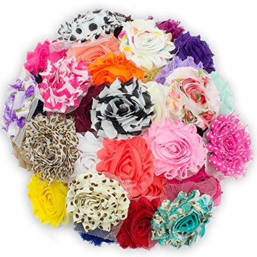 JLIKA (100 pieces) Shabby Flowers - Chiffon Fabric Roses - 2.5" - Solids and Prints Included - Assorted Color Mix - Single Flowers Grab Bag
