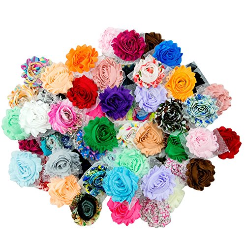 JLIKA (50 Pieces Shabby Flowers - Chiffon Fabric Roses - 2.5" - Solids and Prints Included - Assorted Color Mix - Single Flowers Grab Bag