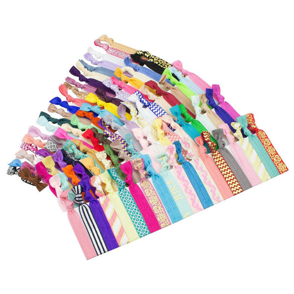 Elastic Hair Ties (SET OF 100) Colorful Prints and Solids, No Crease Ouchless Ponytail Holders, Ribbon Hairties for Women Girls Teens and Kids