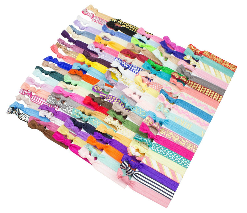 Elastic Hair Ties (SET OF 100) Colorful Prints and Solids, No Crease Ouchless Ponytail Holders, Ribbon Hairties for Women Girls Teens and Kids