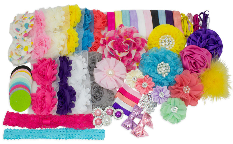 Bright Summer Collection - Fashion Headband Kit - Baby Shower Games Headband Station Party Supplies for DIY Hair Bow Maker - Make 32 Headbands and 5 Clips