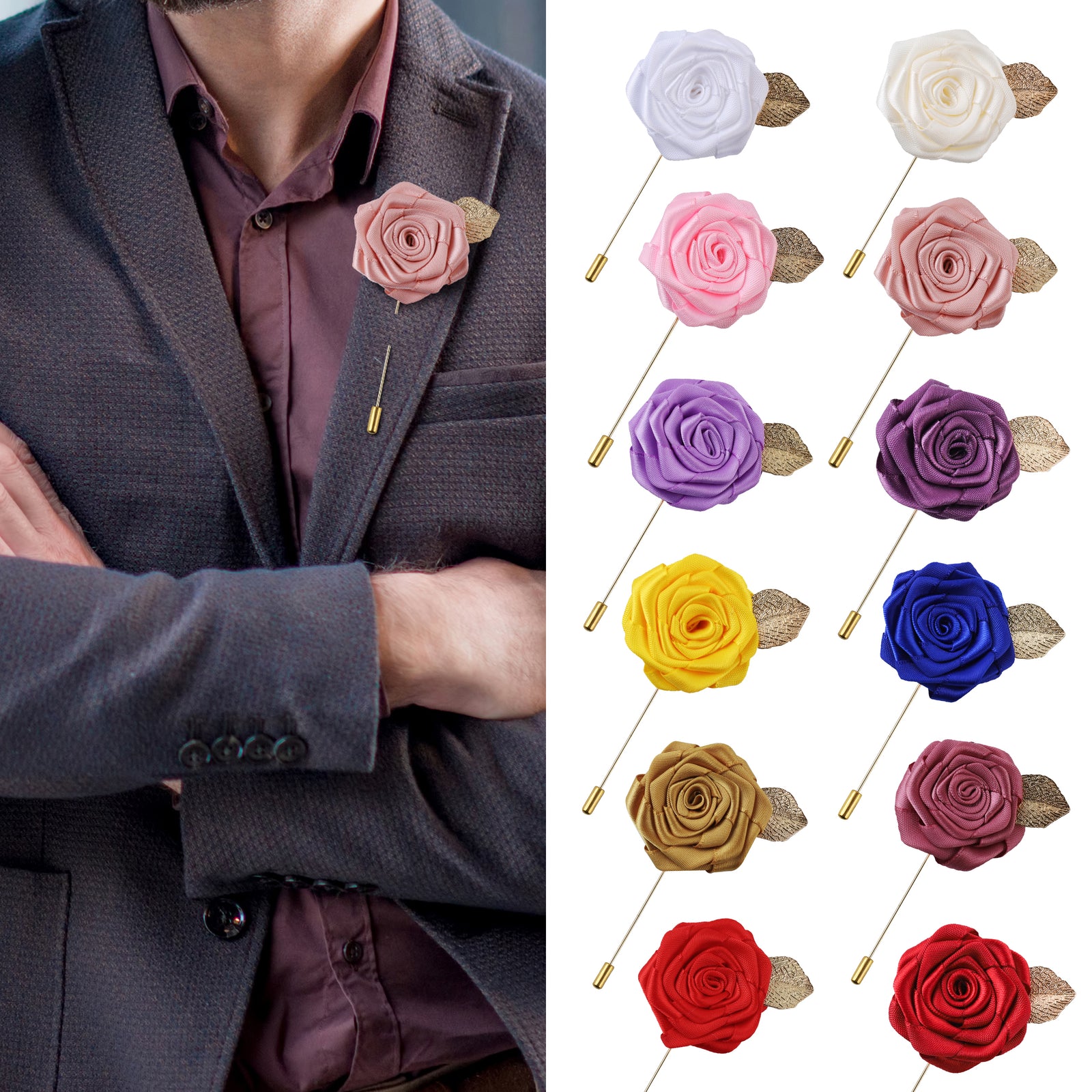 Lapel Flower Gold Leaf Pin Rose for Wedding Boutonniere Stick for Suit –  JLIKA