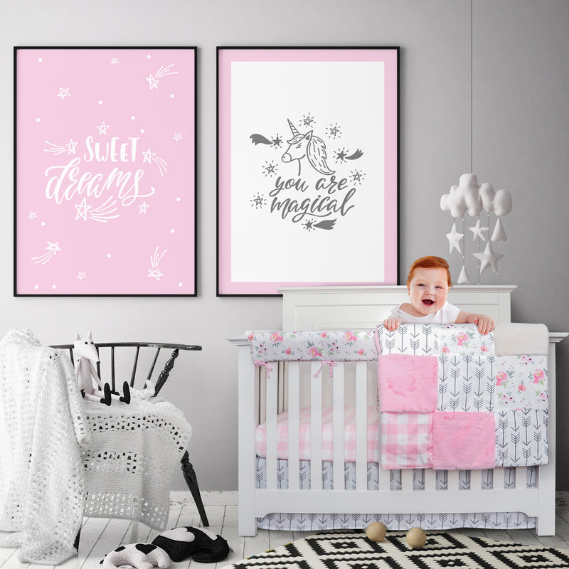 Crib Bedding Set - Pink Plaid and Floral Collection