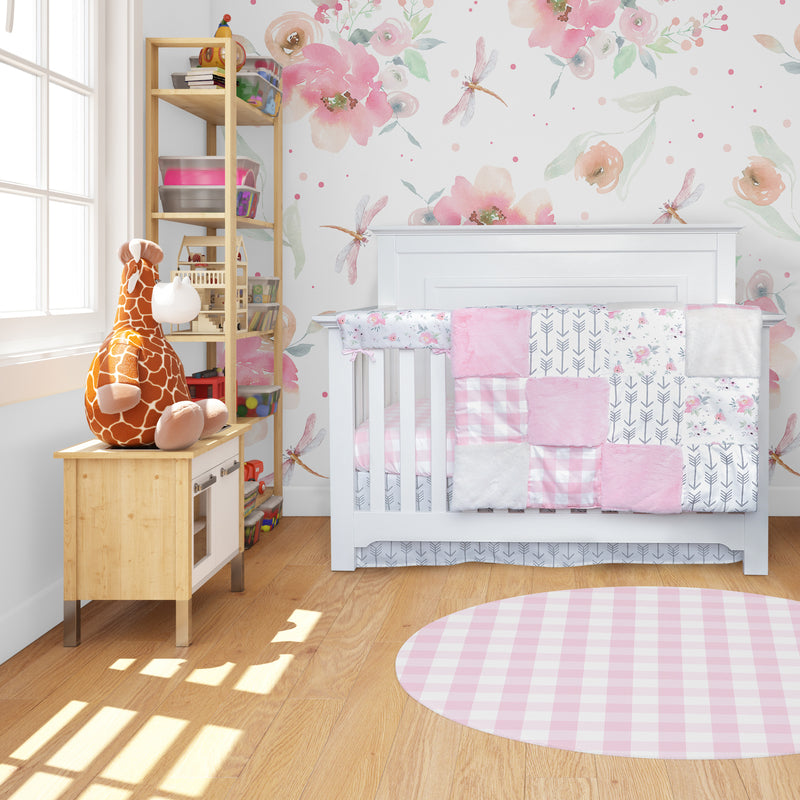 Crib Bedding Set - Pink Plaid and Floral Collection